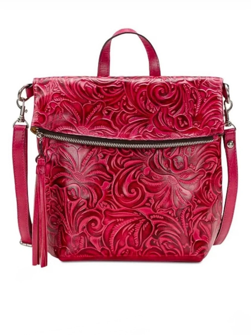 Patricia Nash Pink Black Luzille Tooled Emboss Leather Bag Convertible Backpack